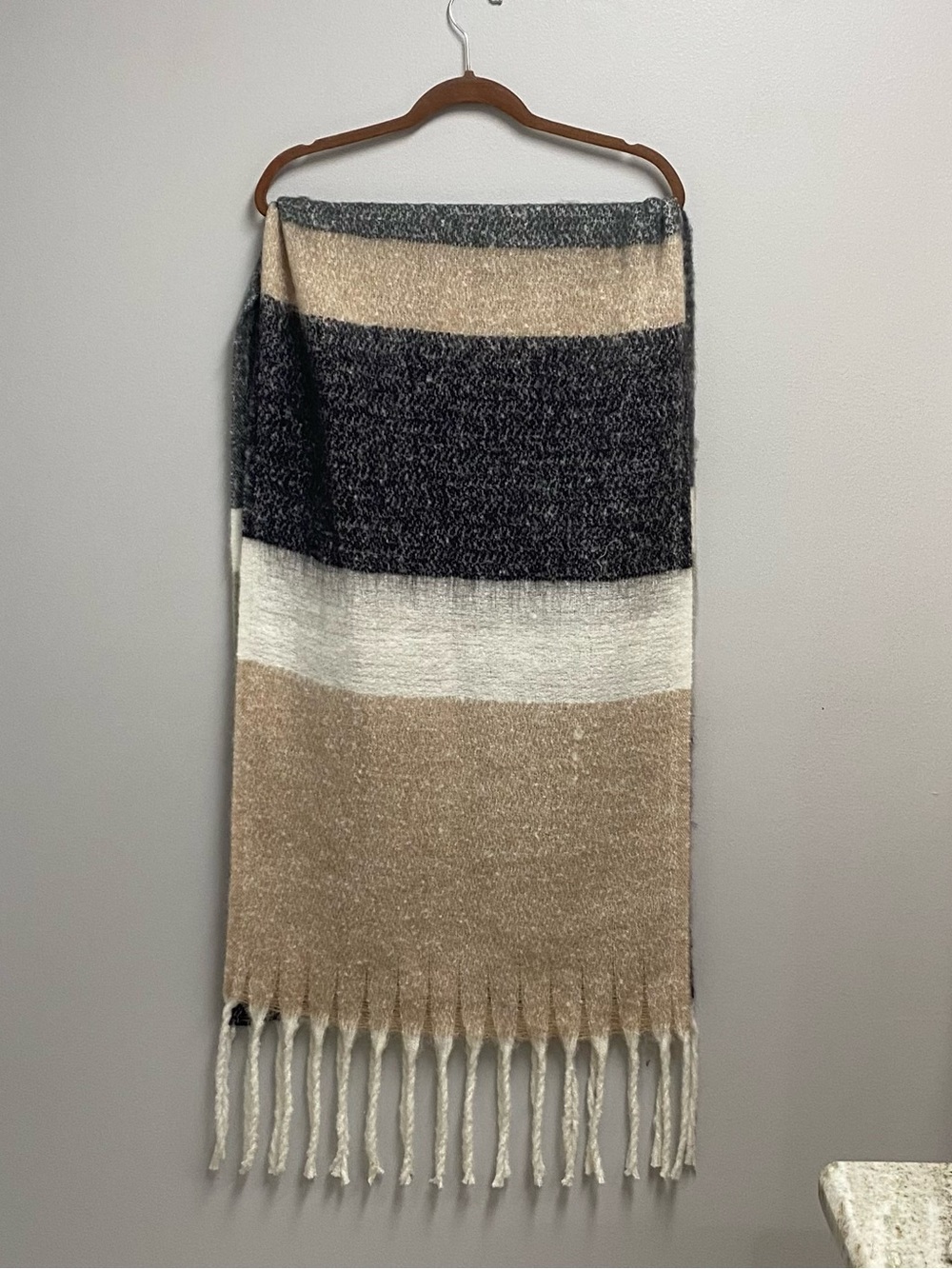 MIXIT brand Cozy Neutral Stripe Fringe large Scarf- Black, Cream, Beige, Gra